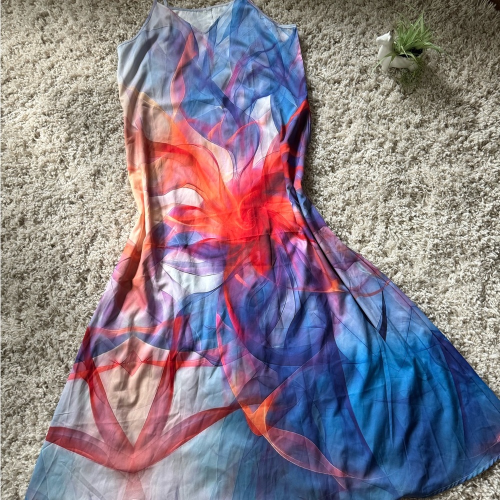Multicoloured silk like flowy dress, perfect for a festival or a night o…